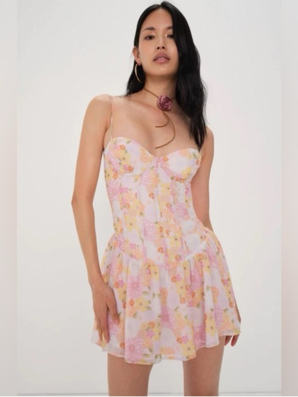 For Love & Lemons White Floral Spaghetti Strap Mini Dress - Pink, Yellow